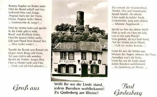 AK / Ansichtskarte Bad Godesberg Zur Lindenwirtin Aennchen mit Godesburg Gedicht Kat. Bonn