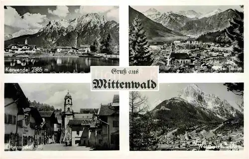 AK / Ansichtskarte Mittenwald Bayern Panorama Blick zum Karwendelgebirge Obermarkt Kirche Wetterstein Tiroler Berge Kat. Mittenwald