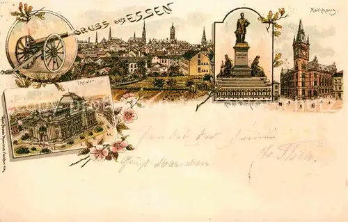 AK / Ansichtskarte Essen Ruhr Rathaus Theater Krupp Denkmal Kanone Litho Kat. Essen