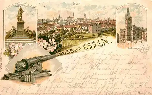 AK / Ansichtskarte Essen Ruhr Krupp Denkmal Rathaus Kanone Litho Kat. Essen