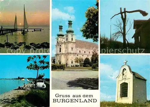 AK / Ansichtskarte Neusiedl See Seepanorama Kirche Ziehbrunnen Bildstock Kat. Neusiedl am See