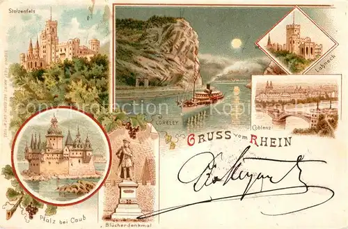 AK / Ansichtskarte Koblenz Rhein Bluecherdenkmal Loreley Stolzenfels Lahneck Litho  Kat. Koblenz