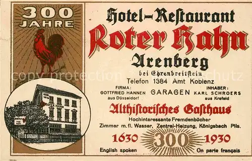AK / Ansichtskarte Arenberg Koblenz Hotel Restaurant Roter Hahn Chronik  Kat. Koblenz