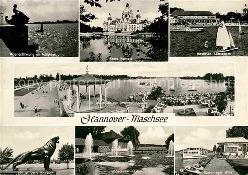 AK / Ansichtskarte Hannover Abendstimmung am Maschsee Rathaus Gaststaetten Strandpromenade Loewe von Breker Quelle Bootsanleger Kat. Hannover