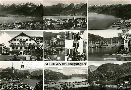 AK / Ansichtskarte St Gilgen Wolfgangsee Gesamtansicht mit Alpenpanorama Hotel Statue Bildstock Krottensee Schafberg Bergbahn