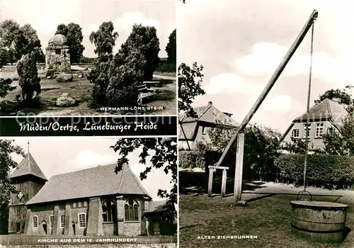 AK / Ansichtskarte Mueden oertze Hermann Loens Stein Denkmal Ziehbrunnen Kirche 12. Jhdt. Kat. Fassberg