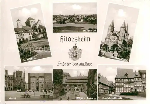 AK / Ansichtskarte Hildesheim St Michael St Godehard Kirche Markt 1000jaehrige Rose Godehardtplatz Panorama Kat. Hildesheim