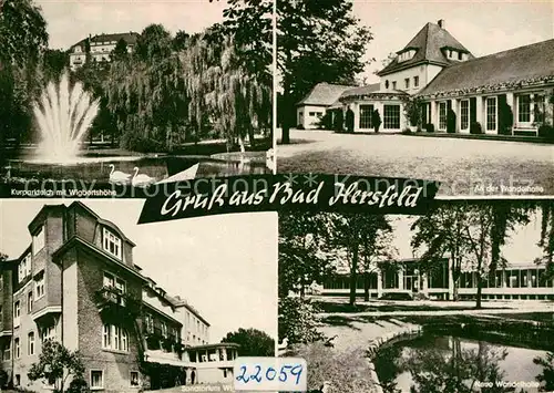 AK / Ansichtskarte Bad Hersfeld Kurparkteich Schwaene Fontaene Wigbertshoehe Wandelhalle Sanatorium Kat. Bad Hersfeld