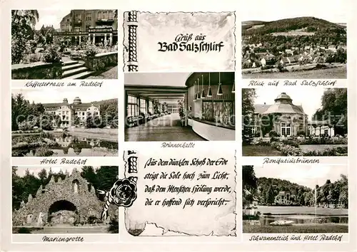AK / Ansichtskarte Bad Salzschlirf Kaffeeterrasse Badehof Hotel Mariengrotte Bonifatiusbrunnen Schwanenteich Brunnenhalle Kat. Bad Salzschlirf