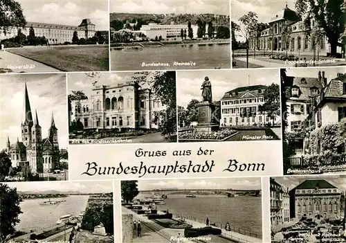 AK / Ansichtskarte Bonn Rhein Universitaet Bundeshaus Schloss Beethovenhaus Rathaus Markt Rheinpromenade Muenster Sitz des Bundespraesidenten Kat. Bonn