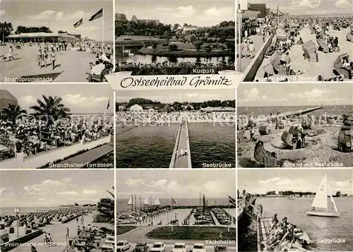 AK / Ansichtskarte Groemitz Ostseebad Strandpromenade Strandhallen Terrassen Yachthafen Seebruecke Kurpark Kat. Groemitz