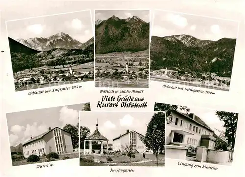 AK / Ansichtskarte Ohlstadt Gesamtansicht mit Zugspitze Wettersteingebirge Ettaler Mandl Heimgarten Kurheim Kurgarten Pavillon Kat. Ohlstadt