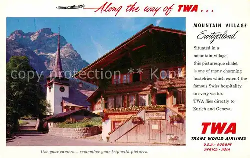 AK / Ansichtskarte Werbung Reklame Flugzeug TWA Mountain Village Switzerland Chalet Hotel Baeren  Kat. Werbung