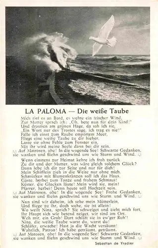 AK / Ansichtskarte Liederkarte La Paloma Die weisse Taube Sebastian de Yradier  Kat. Musik