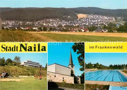 AK / Ansichtskarte Naila Panorama Frankenwald Kirche Kinderspielplatz Freibad Kat. Naila