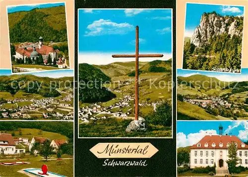 AK / Ansichtskarte Muenstertal Schwarzwald St Trudpert Gipfelkreuz Scharfenstein Felsen Landschaftspanorama Rathaus Minigolf Kat. Muenstertal