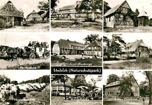 AK / Ansichtskarte Undeloh Postkutsche Kapelle Urlaubsheim Heidschnucken Kat. Undeloh