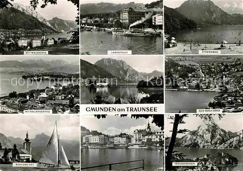 AK / Ansichtskarte Gmunden Salzkammergut Traunstein Landeplatz Hafen Faehre Strandbad Hoellengebirge Schloss Ort Segeln Traumkirchen Alpen Kat. Gmunden