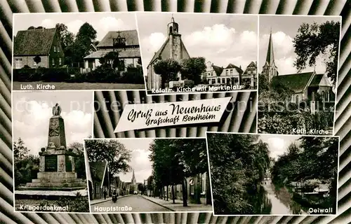 AK / Ansichtskarte Neuenhaus Luth Kirche Reform Kirche mit Marktplatz Kath Kirche Kriegerdenkmal Hauptstr Oelwall Kat. Neuenhaus