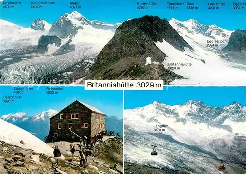 AK / Ansichtskarte Britanniahuette Berghaus Walliser Alpen Gebirgspanorama Gletscher Bergbahn Kat. Saas Fee