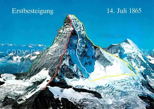 AK / Ansichtskarte Matterhorn VS Bergsteiger Routen Erstbesteigung 1865 Route ueber den Hoernligrat Kat. Matterhorn