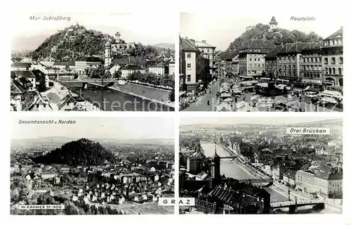 AK / Ansichtskarte Graz Steiermark Mur Schlossberg Gesamtansicht Drei Bruecken Hauptplatz Kat. Graz