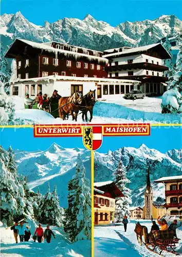 AK / Ansichtskarte Maishofen Gasthof Unterwirt Pferdeschlitten Winterpanorama Alpen Kat. Maishofen Zell am See