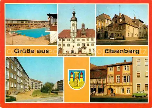 AK / Ansichtskarte Eisenberg Thueringen Freibad Rathaus HO Gaststaetten Neubaugebiet Kat. Eisenberg