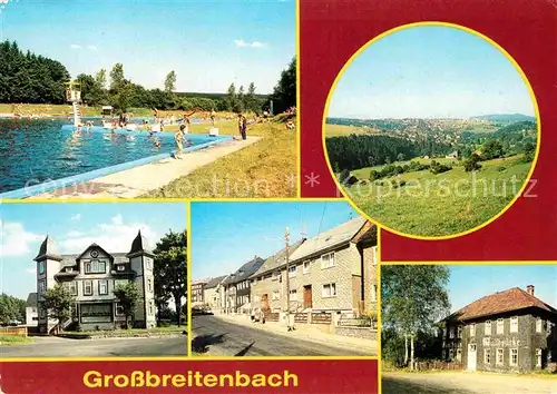 AK / Ansichtskarte Grossbreitenbach Thueringen Freibad uebersicht Schulungsheim Betriebsferienheim Hauptstrasse Gasthaus Zur Wallbruecke Kat. Grossbreitenbach