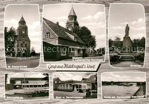 AK / Ansichtskarte Hiddingsen Westfalen St Georg Kirche Baeckerei Dornhege Ehrenmal Schule Sparkasse Dortmunder Ems Kanal Kat. Soest