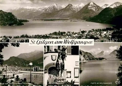 AK / Ansichtskarte St Gilgen Salzkammergut Gesamtansicht mit Alpenpanorama Seerestaurant Mozartbrunnen Kat. St Gilgen Wolfgangsee