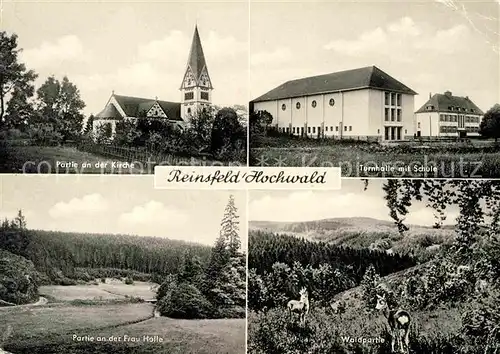 AK / Ansichtskarte Reinsfeld Hunsrueck Kirche Frau Holle Waldpartie Turnhalle Schule Kat. Reinsfeld
