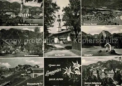 AK / Ansichtskarte Lenggries Pfarrkirche Brauneck Bahnhofstrasse Schloss Hohenburg Dorfpartie Kat. Lenggries