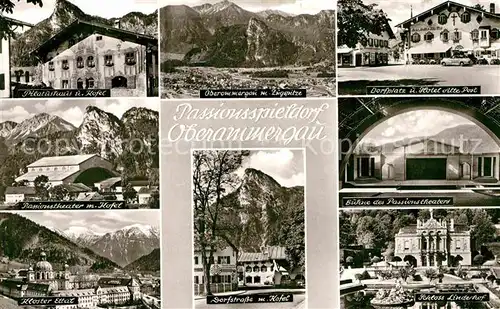 AK / Ansichtskarte Oberammergau Passionsspieldorf Pilatushaus Dorfplatz Hotel Theater Schloss Linderhof Kloster Ettal Ammergauer Alpen Kat. Oberammergau