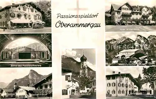 AK / Ansichtskarte Oberammergau Passionsspieldorf Hotel Alte Post Theaterbuehne Strassenpartie Sternwirt Kirche Geroldhaus Kofel Ammergauer Alpen Kat. Oberammergau