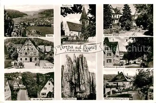 AK / Ansichtskarte Vorra Pegnitz Panorama Fraenkische Alb Dorfidyll Pegnitzbruecke Rifflerfelsen Muettererholungsheim Gasthaus Schloss Kat. Vorra