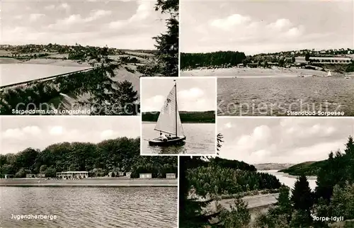 AK / Ansichtskarte Sorpesee Sauerland Sorpedamm Langscheid Strandbad Jugendherberge Landschaftspanorama Segeln Kat. Sundern (Sauerland)