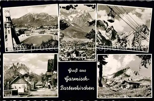 AK / Ansichtskarte Garmisch Partenkirchen Olympia Skistadion Fruehlingstrasse Zugspitze Wettersteingebirge Bergbahn Alpspitze Kreuzeck Berghaus Huber Karte Nr 10803 Kat. Garmisch Partenkirchen