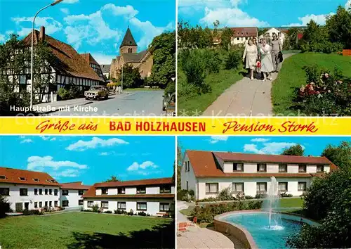 AK / Ansichtskarte Bad Holzhausen Luebbecke Hauptstr mit Kirche Park Pension Stork Springbrunnen Kat. Preussisch Oldendorf
