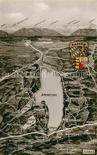 AK / Ansichtskarte Ammersee gegen Wettersteingebirge aus der Vogelperspektive Wappen Kat. Utting a.Ammersee