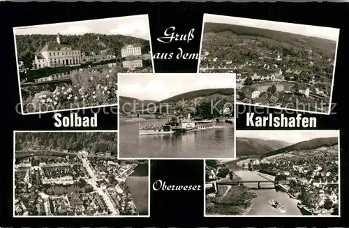 AK / Ansichtskarte Bad Karlshafen Kurhaus Stadtpanorama Raddampfer Weser Fliegeraufnahme Kat. Bad Karlshafen