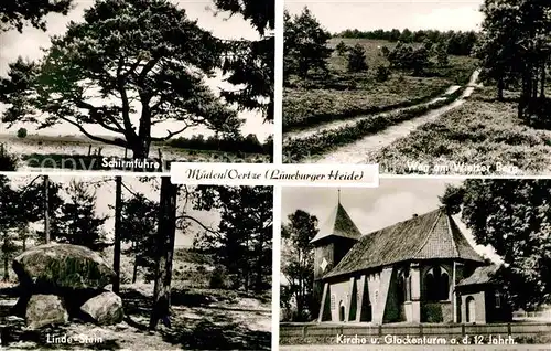 AK / Ansichtskarte Mueden oertze Schirmfuhre Weg am Wietzer Berg Kirche Glockenturm 12. Jhdt. Linde Stein Natur Lueneburger Heide Kat. Fassberg