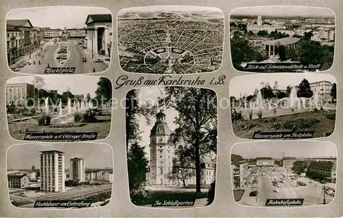 AK / Ansichtskarte Karlsruhe Baden Marktplatz Wasserspiele Hochhaeuser Schlossgarten Schwarzwaldhalle Festplatz Bahnhofsplatz Bromsilber