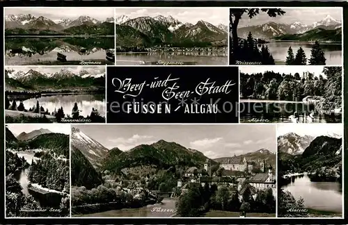 AK / Ansichtskarte Fuessen Allgaeu Hopfensee Forggensee Weissensee Bannwaldsee Alpsee Faulenbacher Seen Alatsee Alpenpanorama Kat. Fuessen