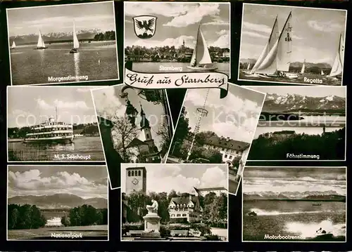 AK / Ansichtskarte Starnberg Morgenstimmung Starnberger See MS Seeshaupt Nationalpark Regatta Foehn Alpen Motorbootrennen Kat. Starnberg