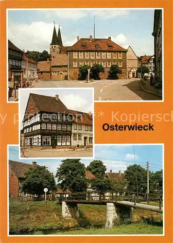 AK / Ansichtskarte Osterwieck Markt Historisches Gebaeude Markt 14 Fachwerkhaus Holzbruecke ueber die Ilse Kat. Osterwieck