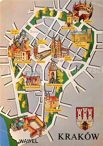 AK / Ansichtskarte Krakow Malopolskie Zabytkowe Srodmiesci Historische Innenstadt Sehenswuerdigkeiten Stadtplan Kat. Krakow