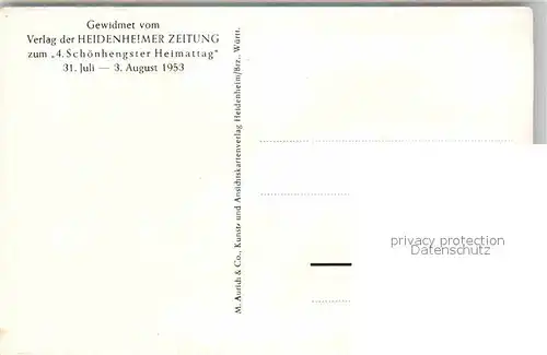 AK / Ansichtskarte Heidenheim Brenz Stadtbild mit Schloss Hellenstein Widmung Heidenheimer Zeitung 4. Schoenhengster Heimattag 1953 Kat. Heidenheim an der Brenz