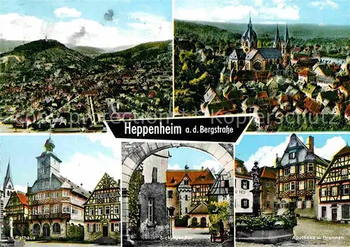 AK / Ansichtskarte Heppenheim Bergstrasse Stadtpanorama Kirche Rathaus Sickinger Tor Apotheke Brunnen Altstadt Fachwerkhaeuser Kat. Heppenheim (Bergstrasse)