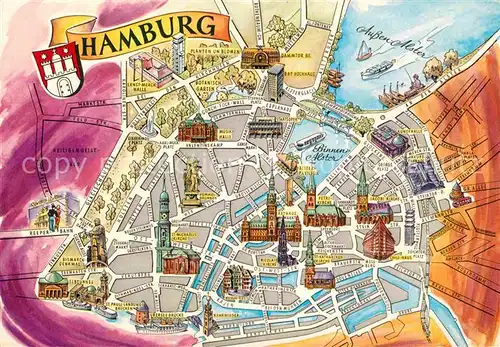 AK / Ansichtskarte Hamburg Stadtplan Innenstadt mit Sehenswuerdigkeiten Kat. Hamburg